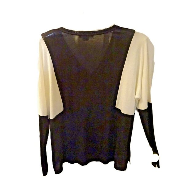 Vince XS Long Sleeve Top | Black Tan White Colorblock Blouse Rayon Blend - Picture 2 of 5